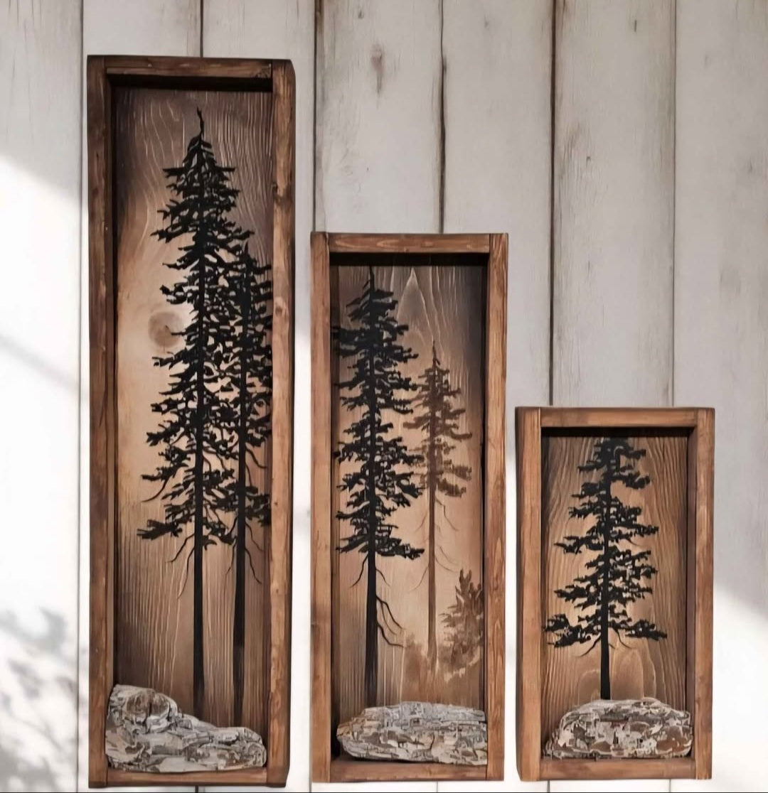 13.5" x 7" Framed wall art on wood nature tree decor