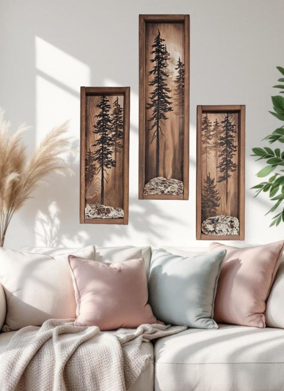 19.5" x 7" Framed wall art on wood nature tree decor