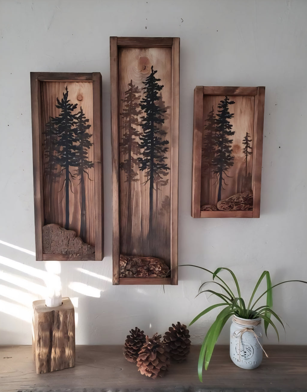 19.5" x 7" Framed wall art on wood nature tree decor