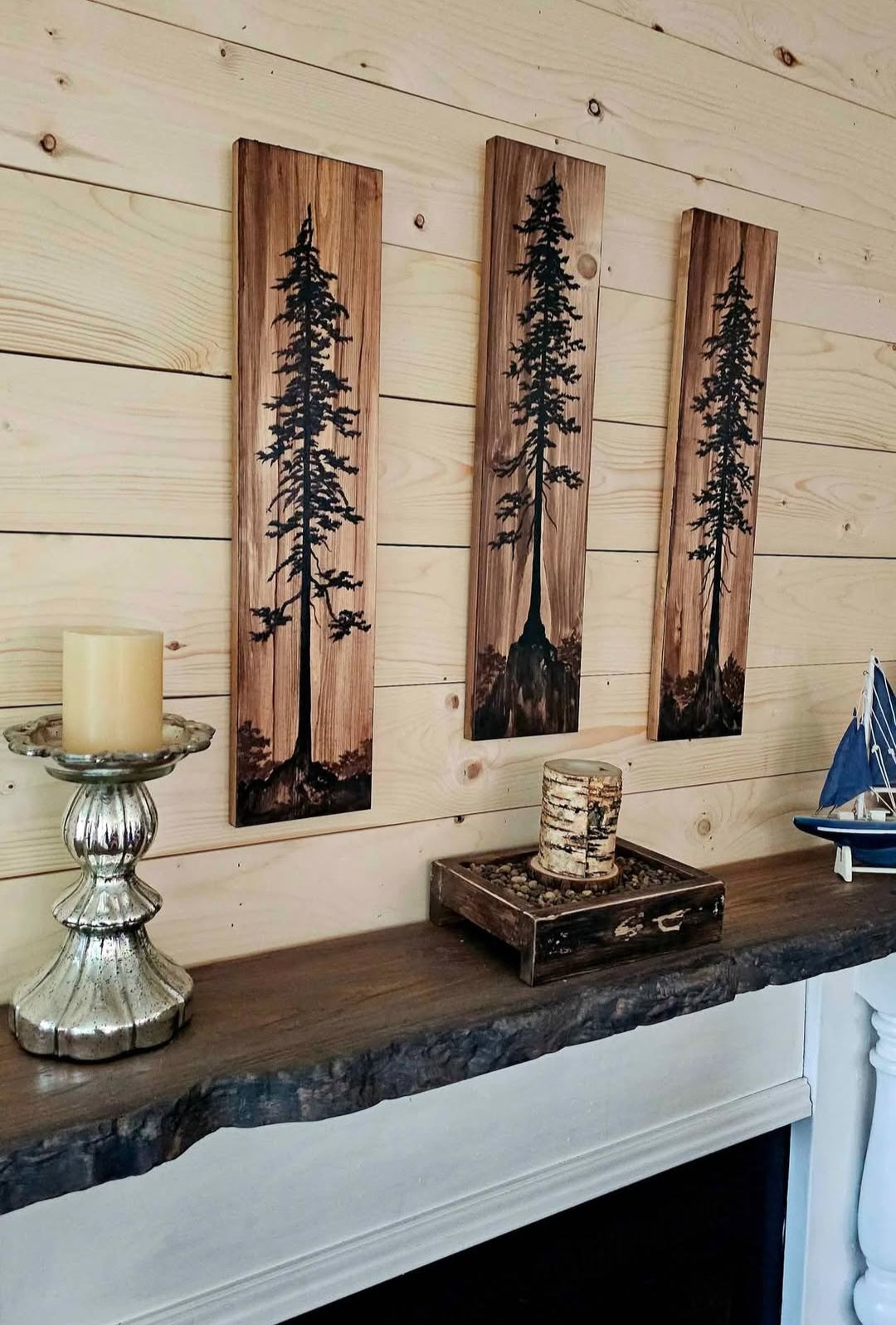 24" x 5.5" (set of 3) wall art on wood nature tree decor