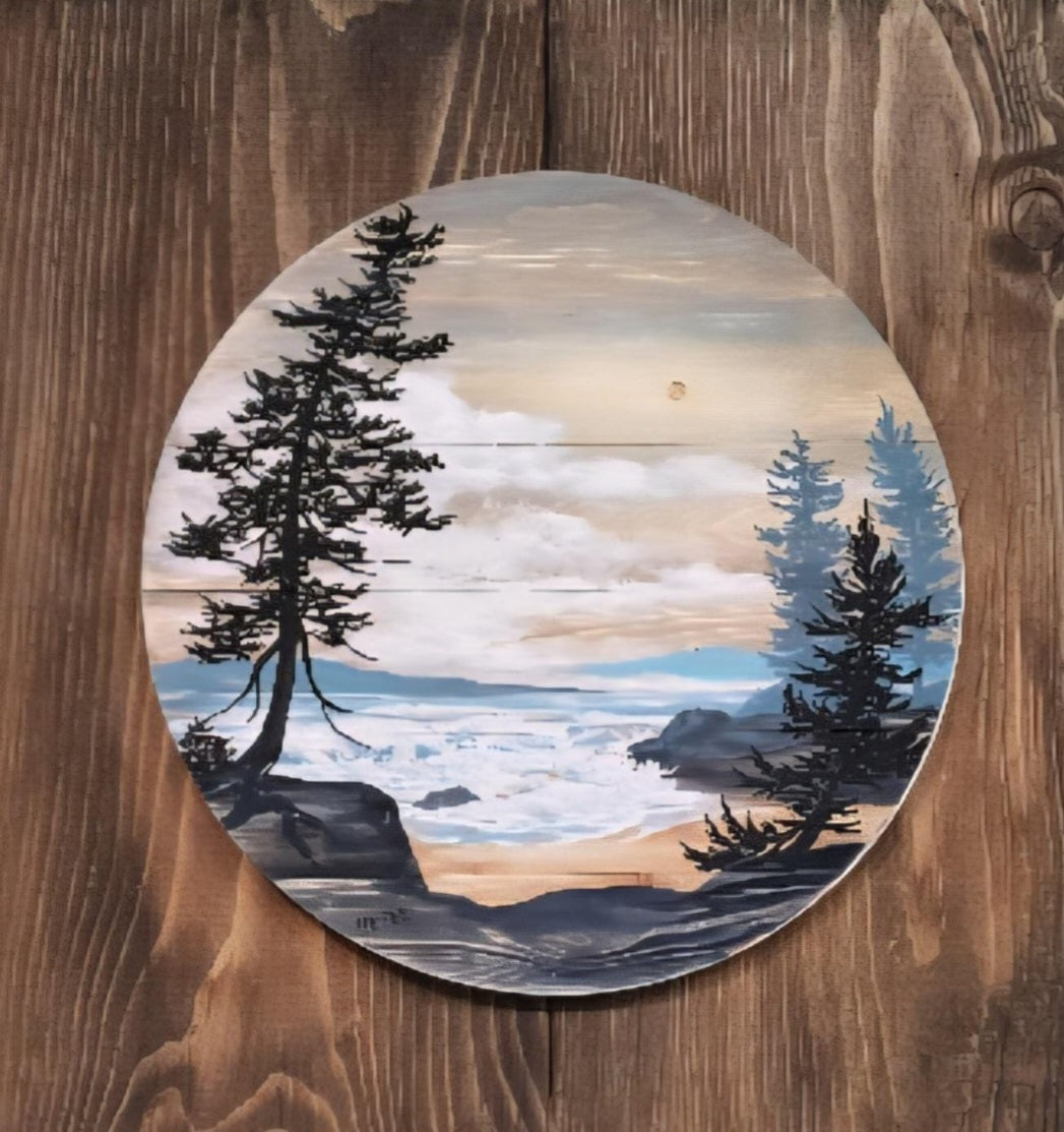 12" x 11" Framed wall art on wood nature tree decor-seascape