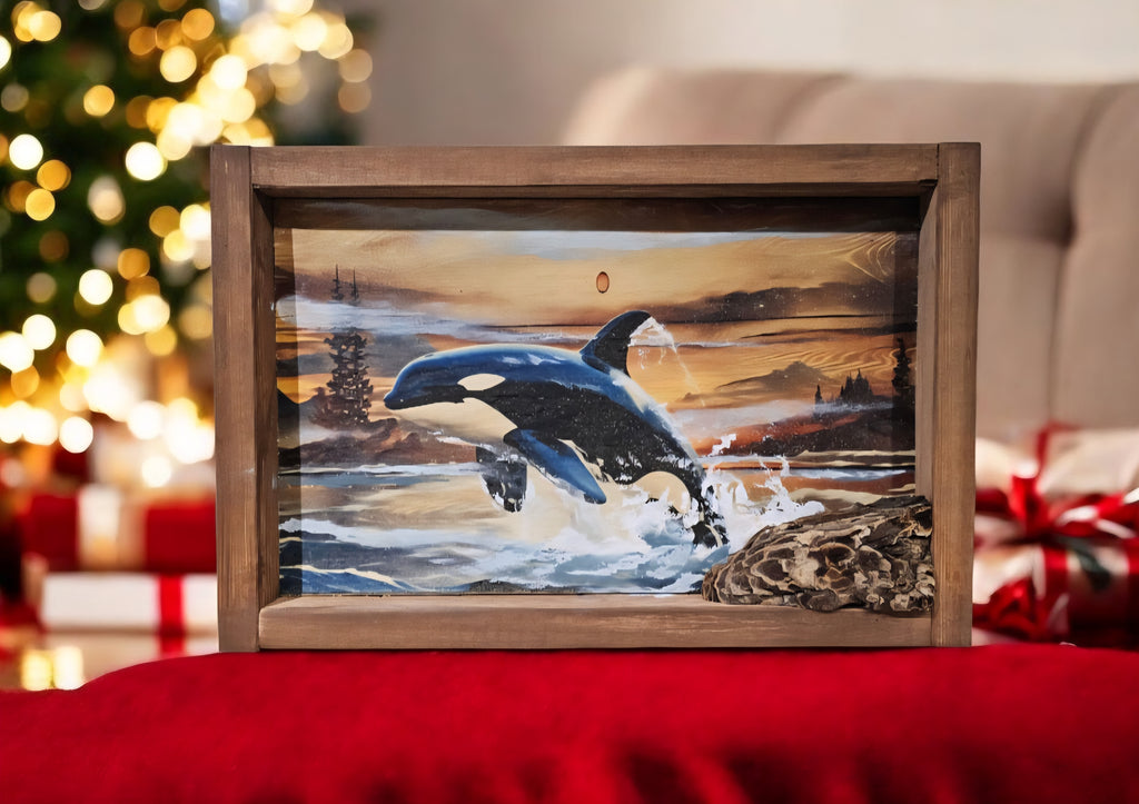 13.25" x 9" Framed orca whale wall art on wood nature tree decor-seascape