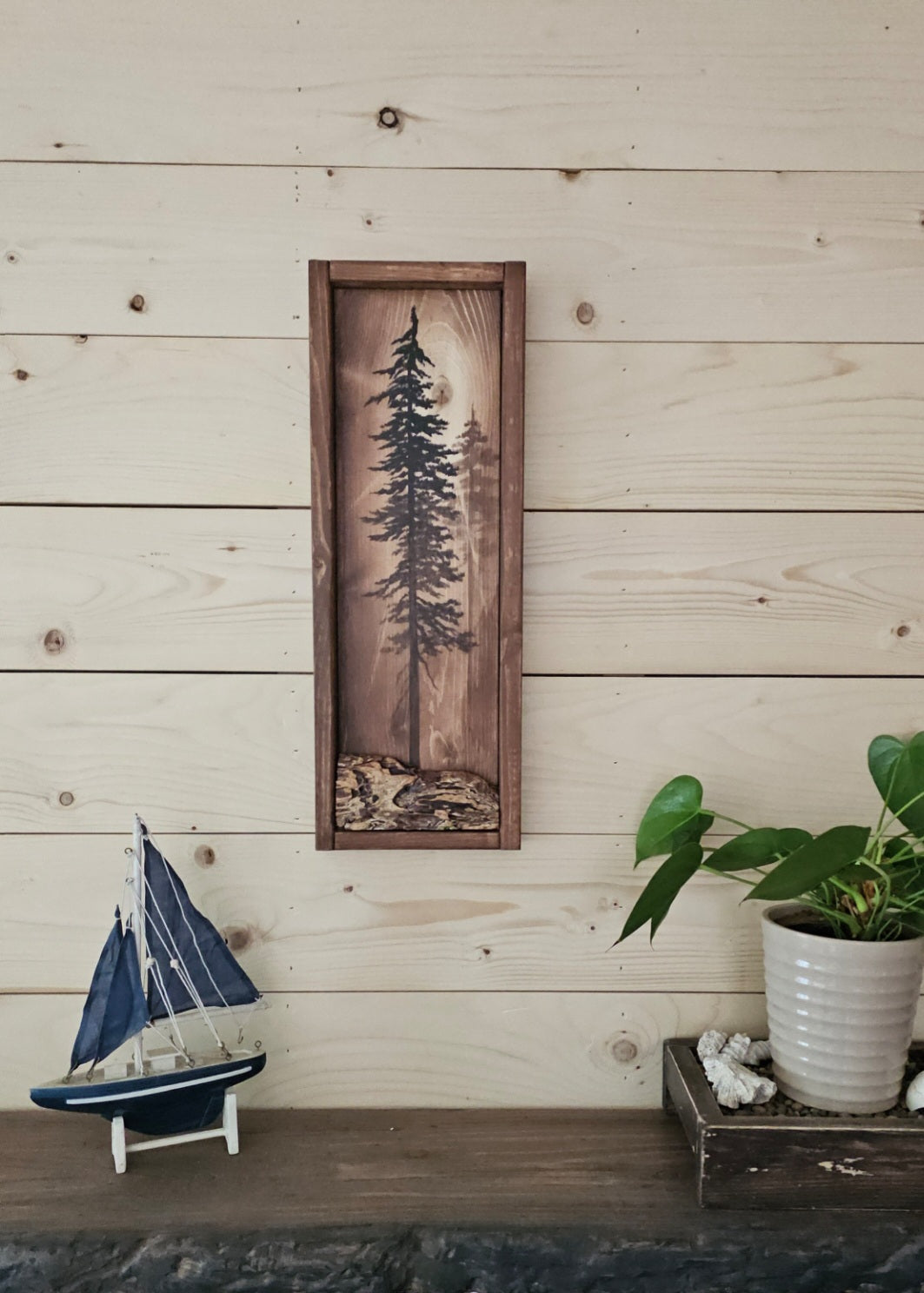 19.5" x 7" Framed wall art on wood nature tree decor