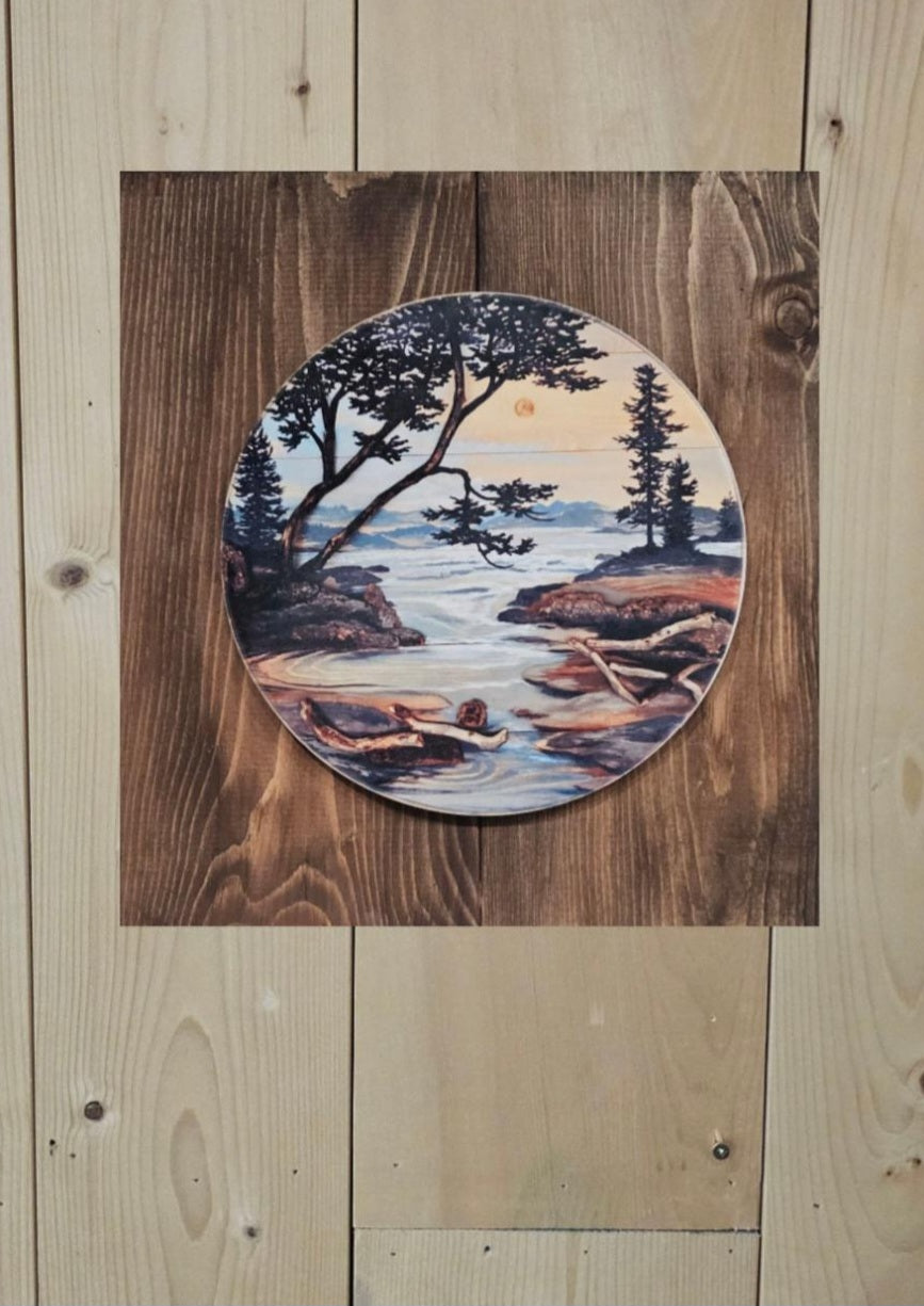 12" x 11" Framed wall art on wood nature tree decor-seascape