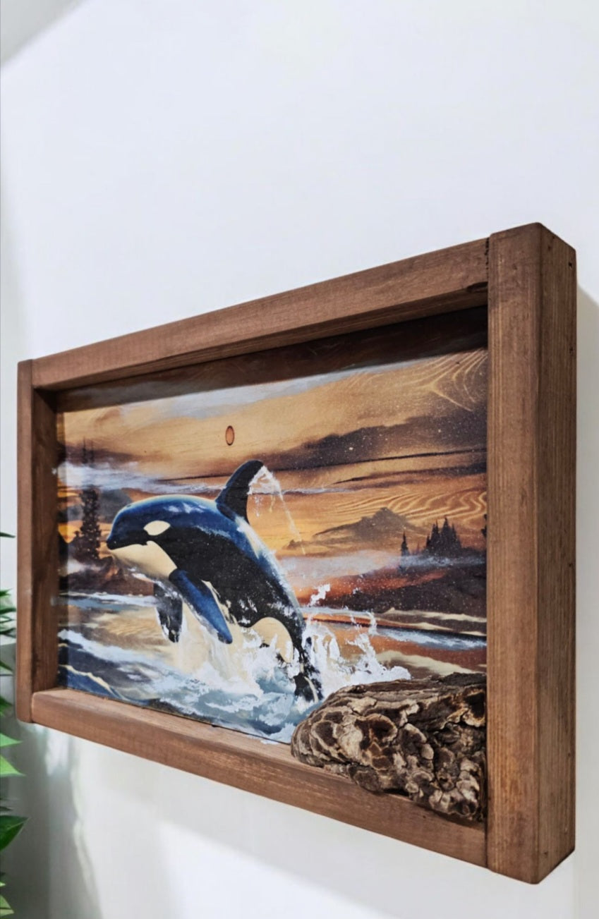13.25" x 9" Framed orca whale wall art on wood nature tree decor-seascape