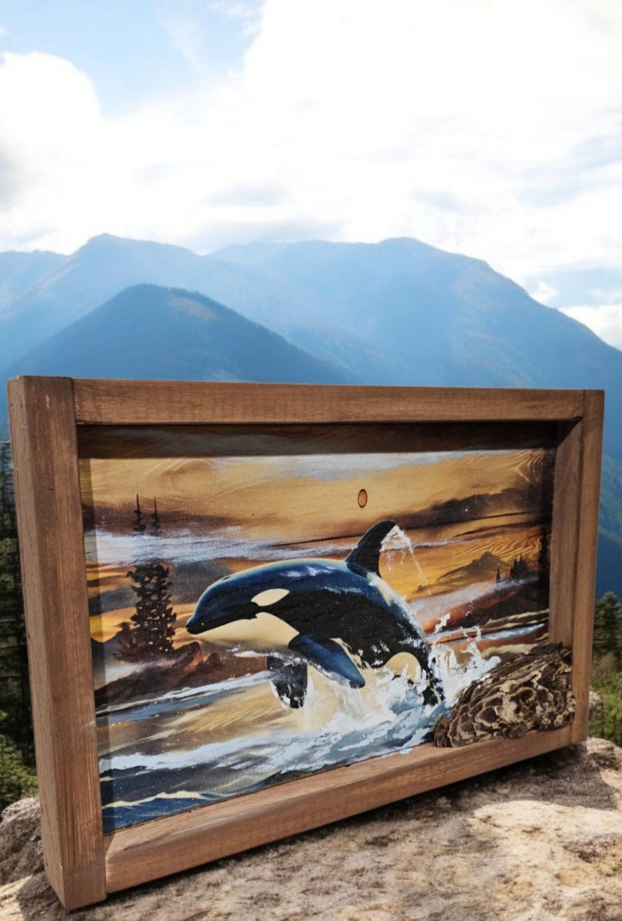 13.25" x 9" Framed orca whale wall art on wood nature tree decor-seascape