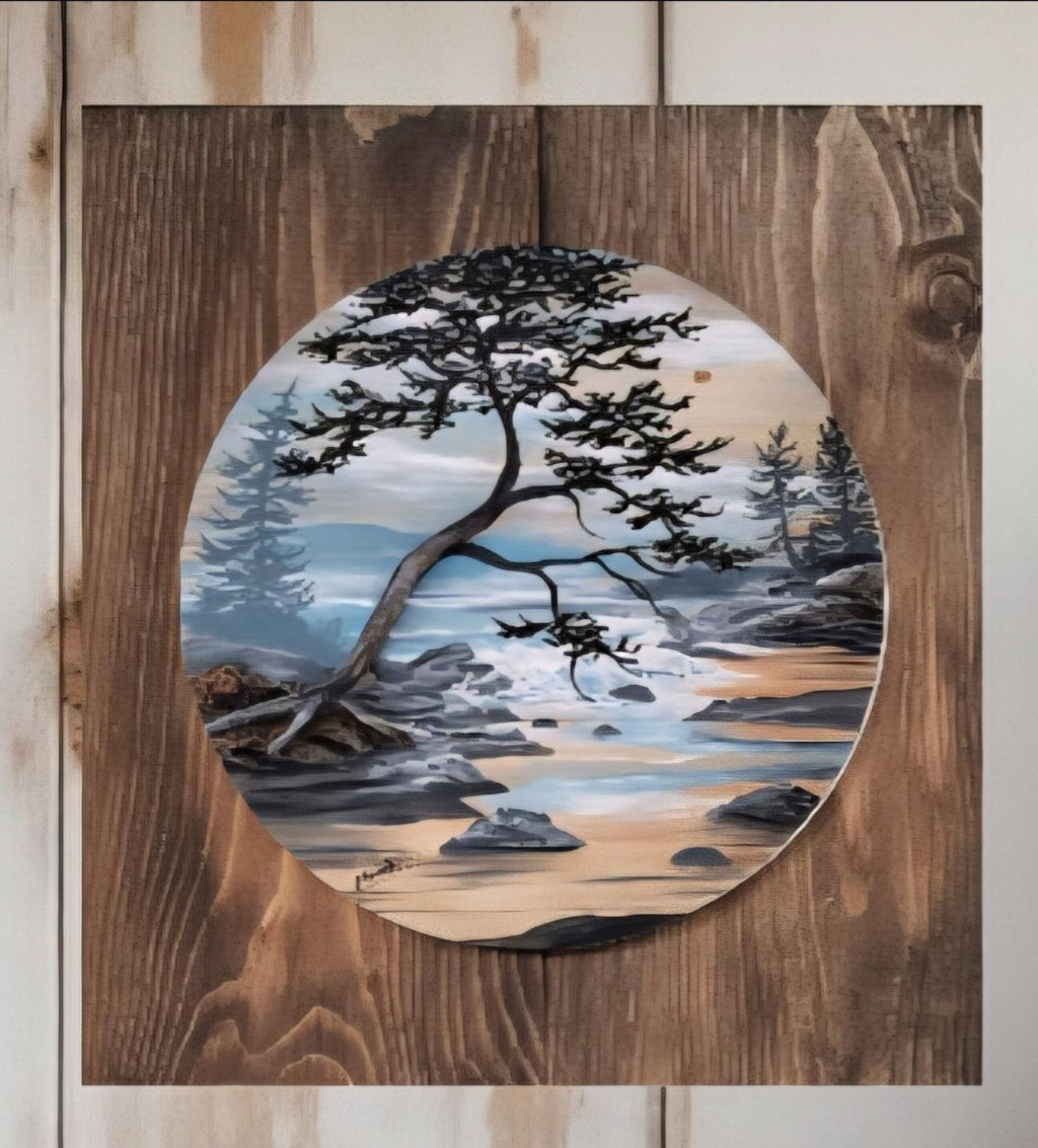 12" x 11" Framed wall art on wood nature tree decor-seascape