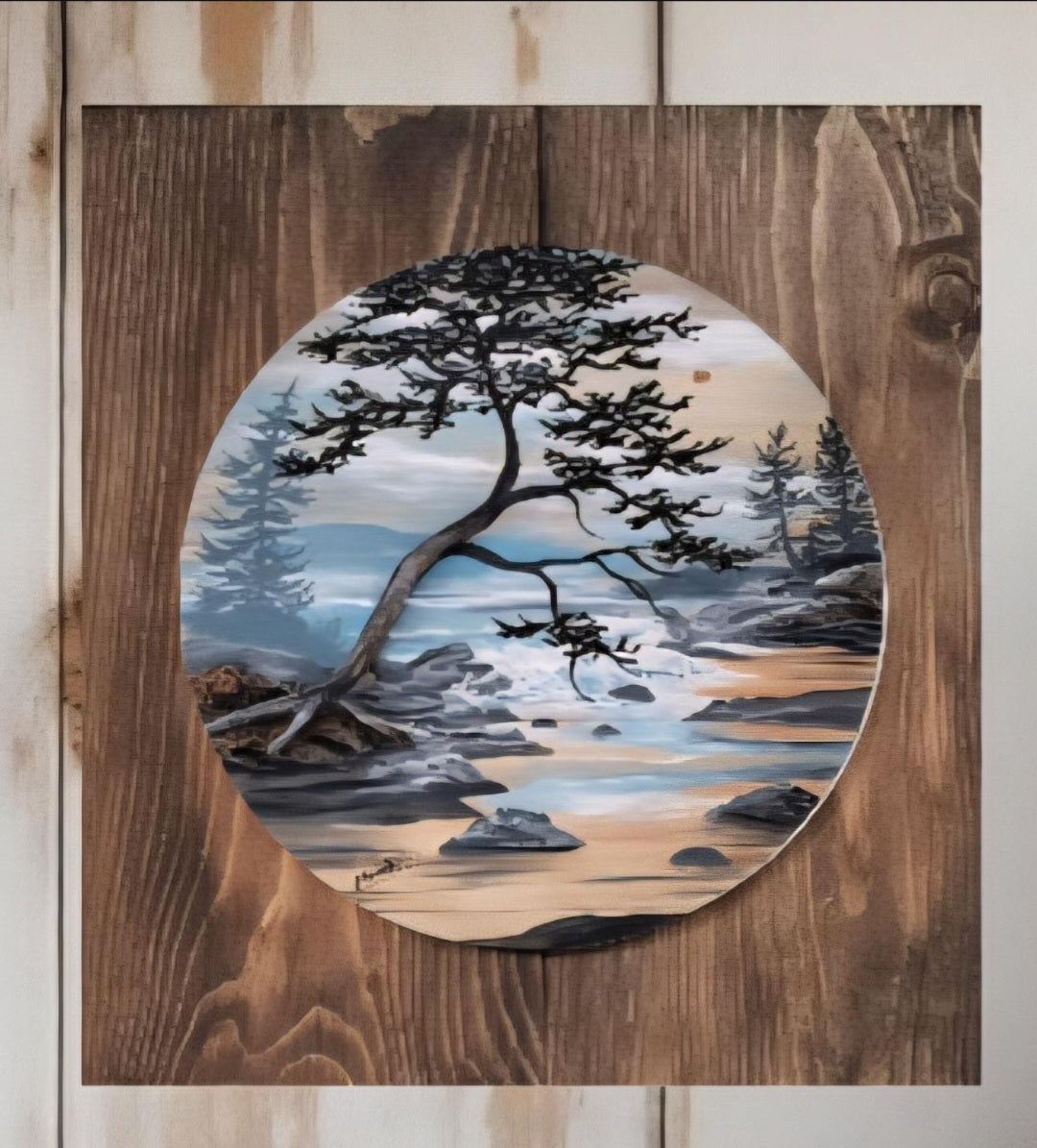 12" x 11" Framed wall art on wood nature tree decor-seascape