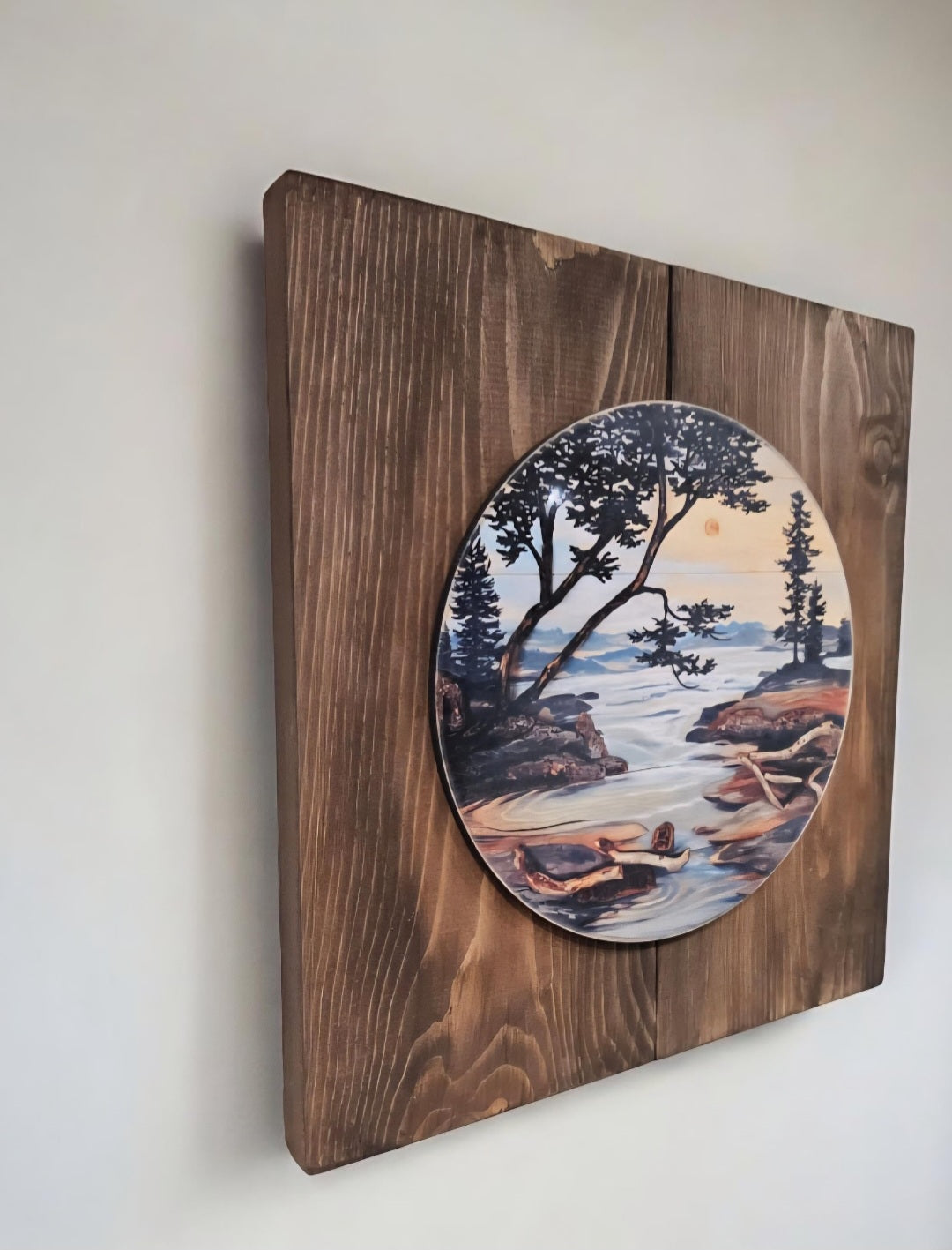 12" x 11" Framed wall art on wood nature tree decor-seascape