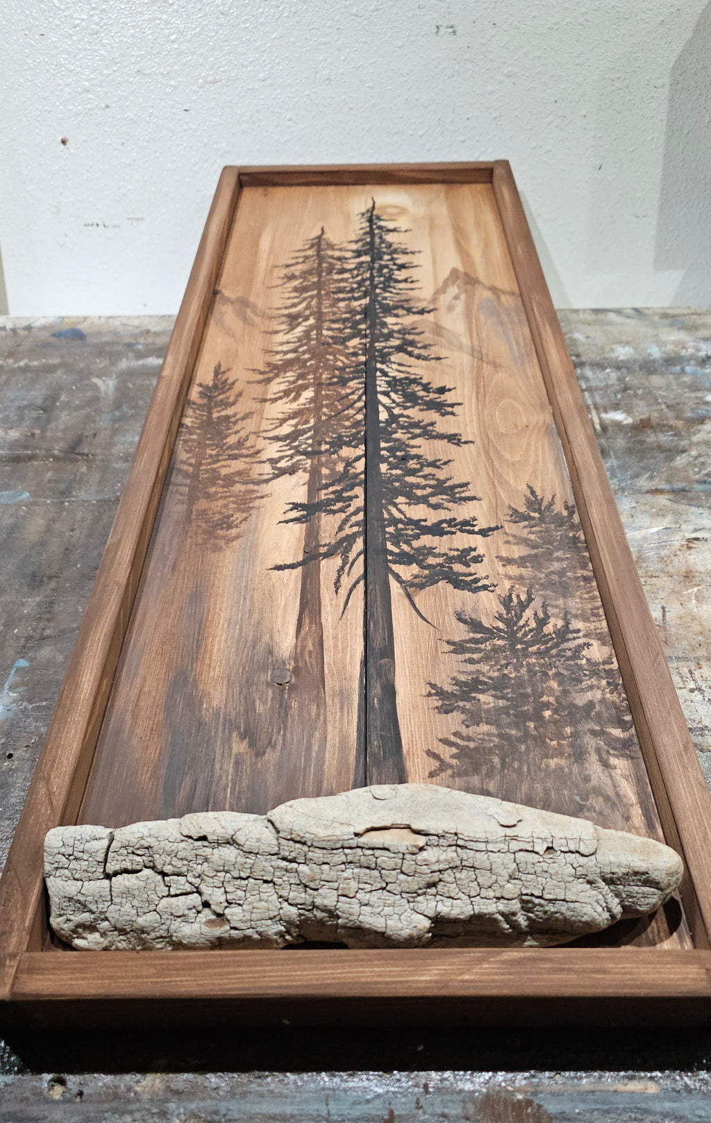 31" x 12.5" Framed wall art on wood nature tree decor