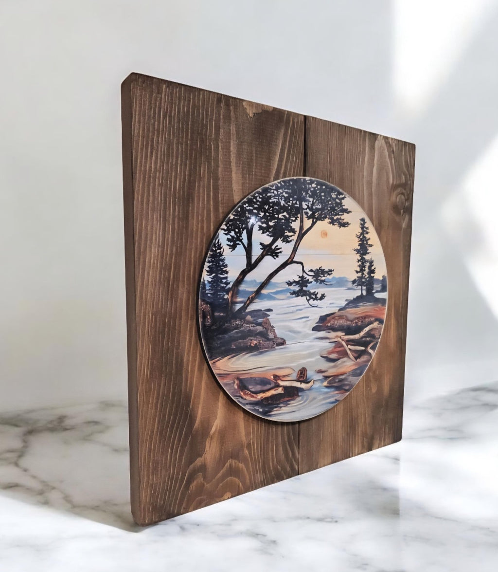 12" x 11" Framed wall art on wood nature tree decor-seascape