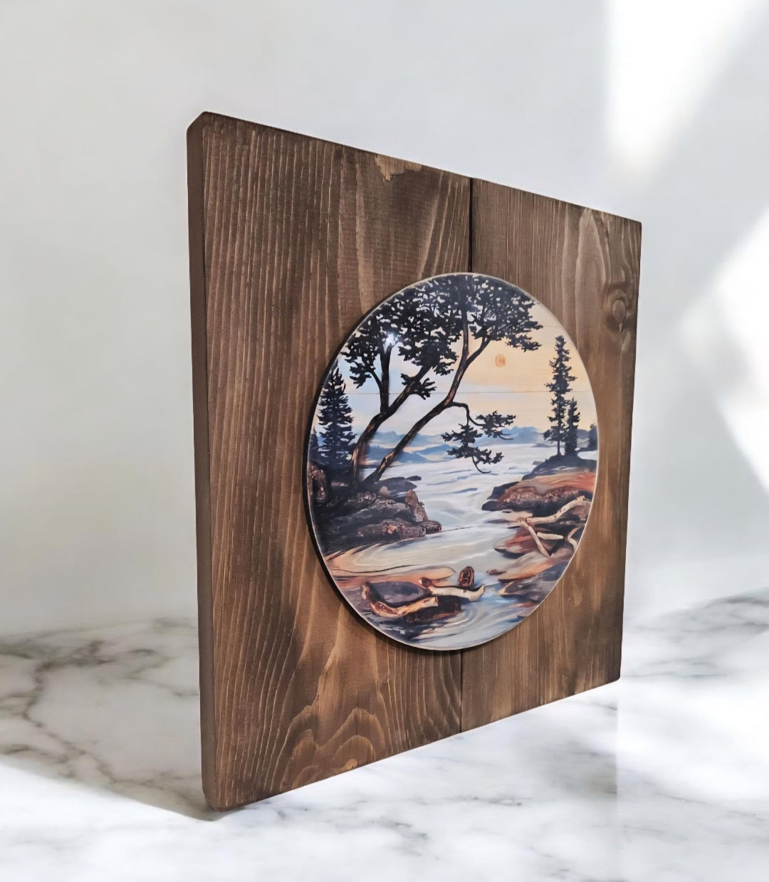 12" x 11" Framed wall art on wood nature tree decor-seascape