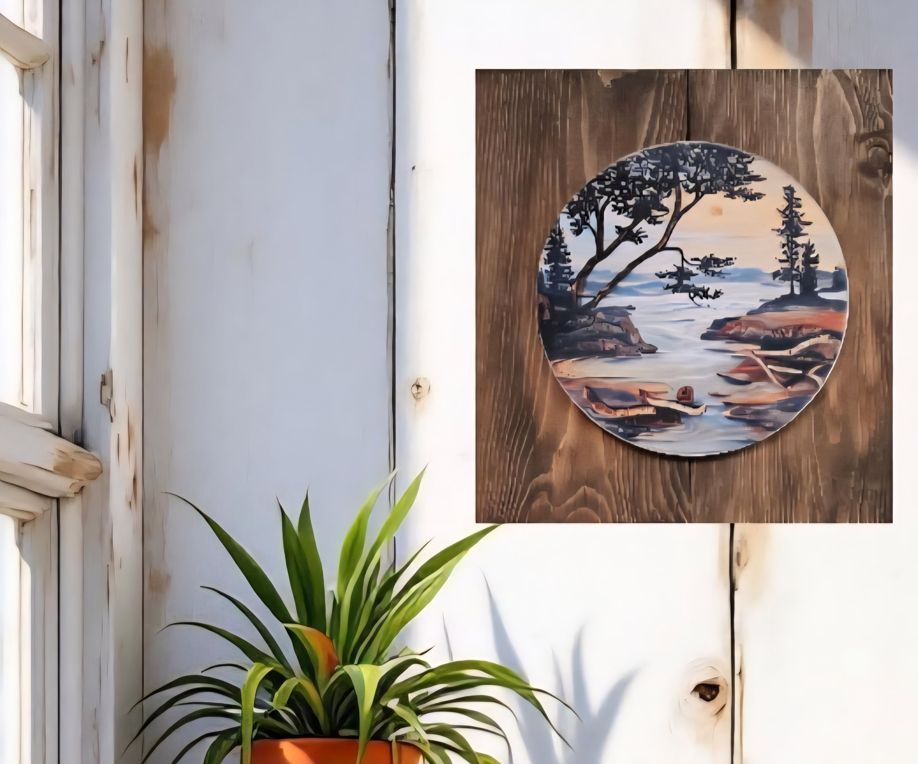 12" x 11" Framed wall art on wood nature tree decor-seascape