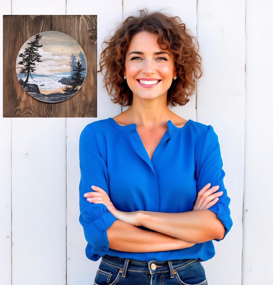 12" x 11" Framed wall art on wood nature tree decor-seascape