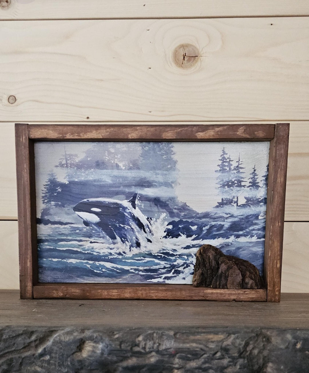 13.25" x 9" Framed orca whale wall art on wood nature tree decor-seascape