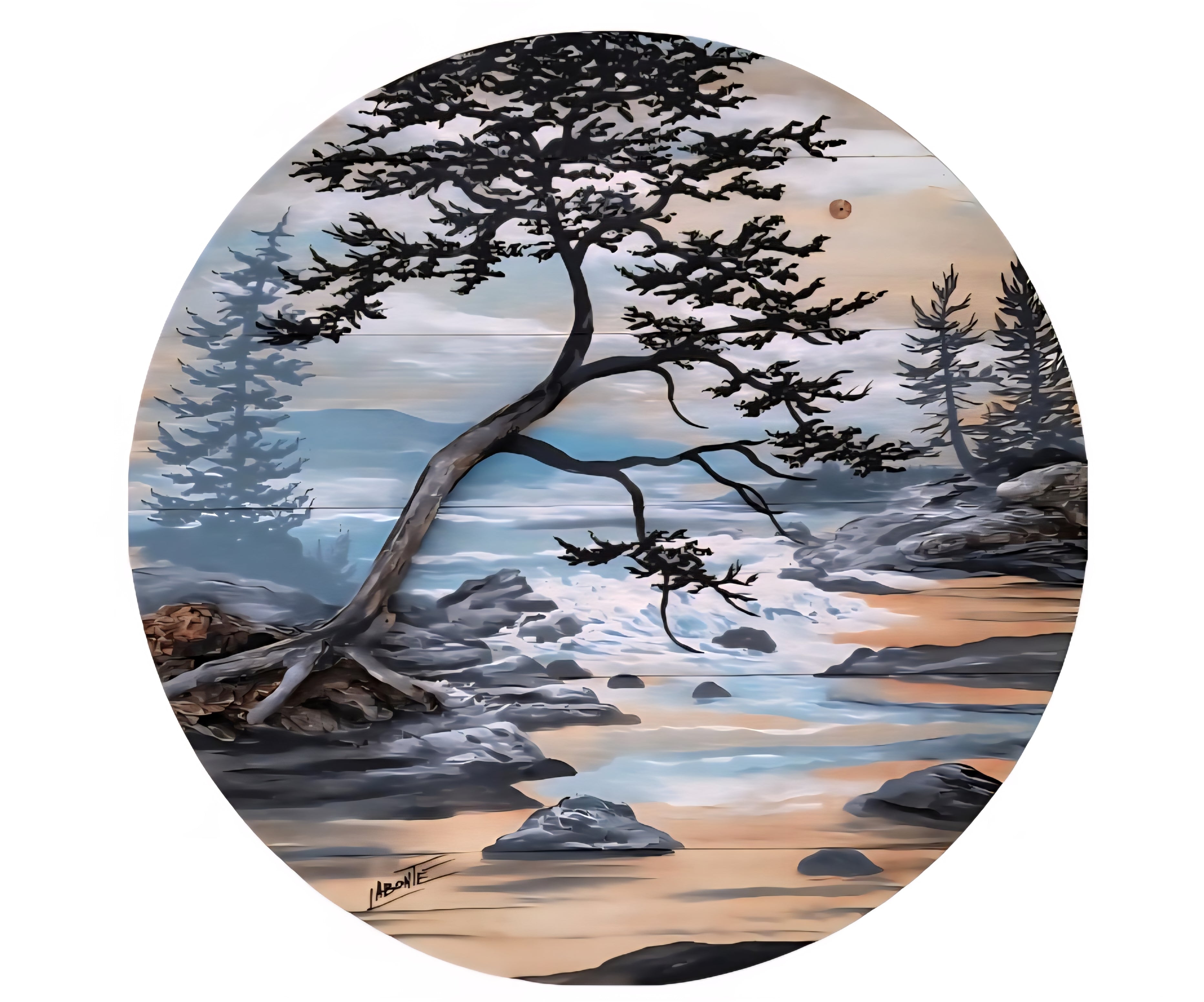12" x 11" Framed wall art on wood nature tree decor-seascape