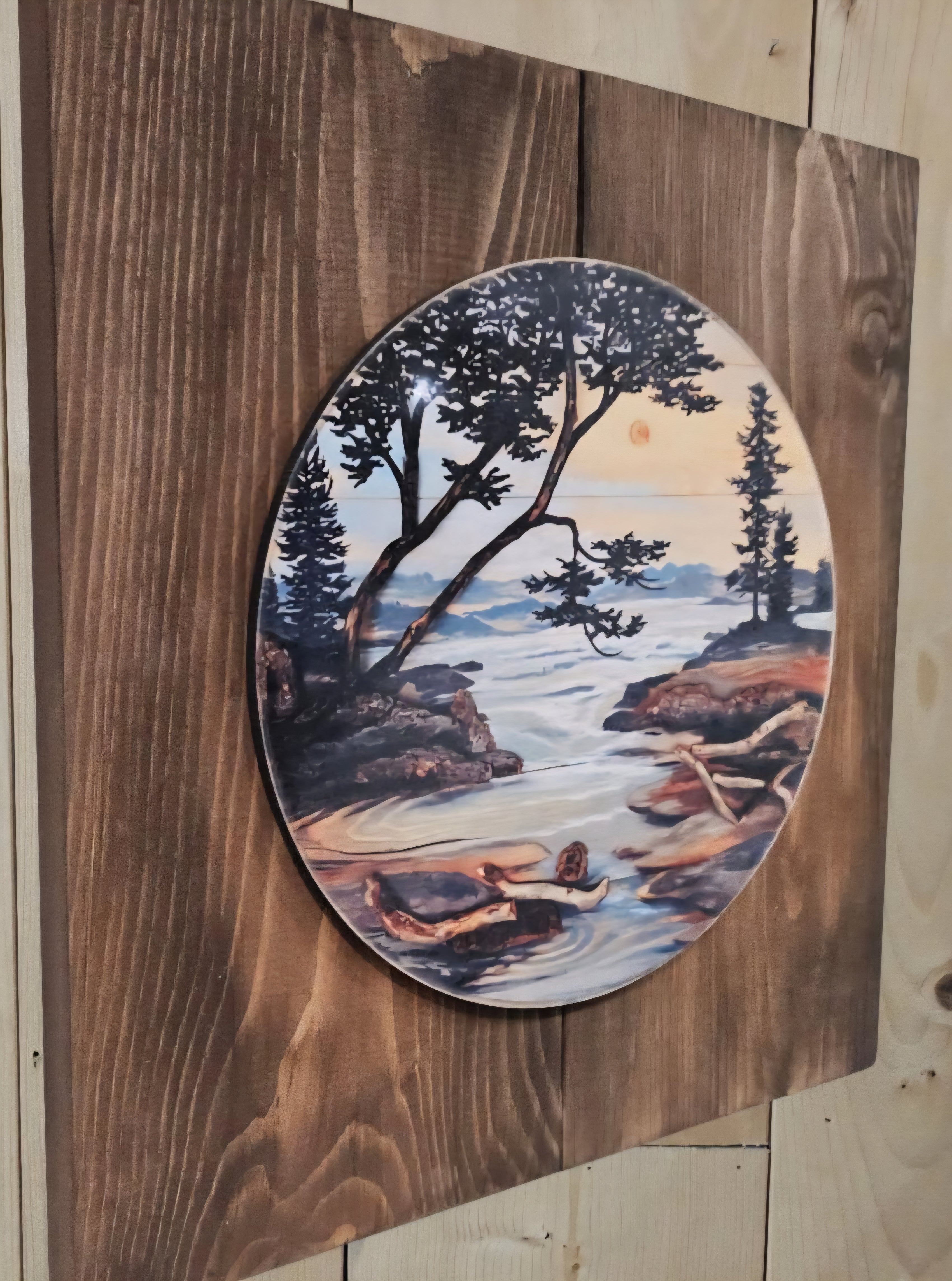 12" x 11" Framed wall art on wood nature tree decor-seascape