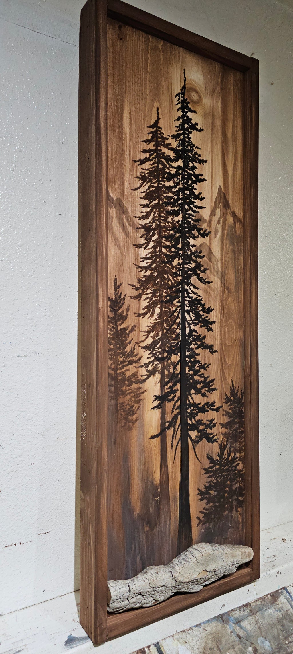 31" x 12.5" Framed wall art on wood nature tree decor