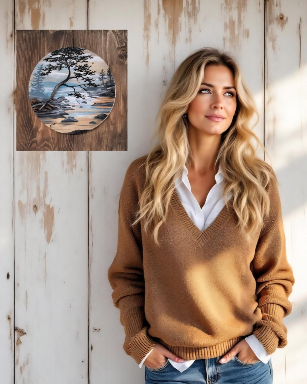 12" x 11" Framed wall art on wood nature tree decor-seascape