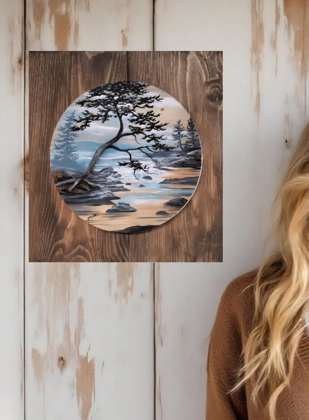 12" x 11" Framed wall art on wood nature tree decor-seascape