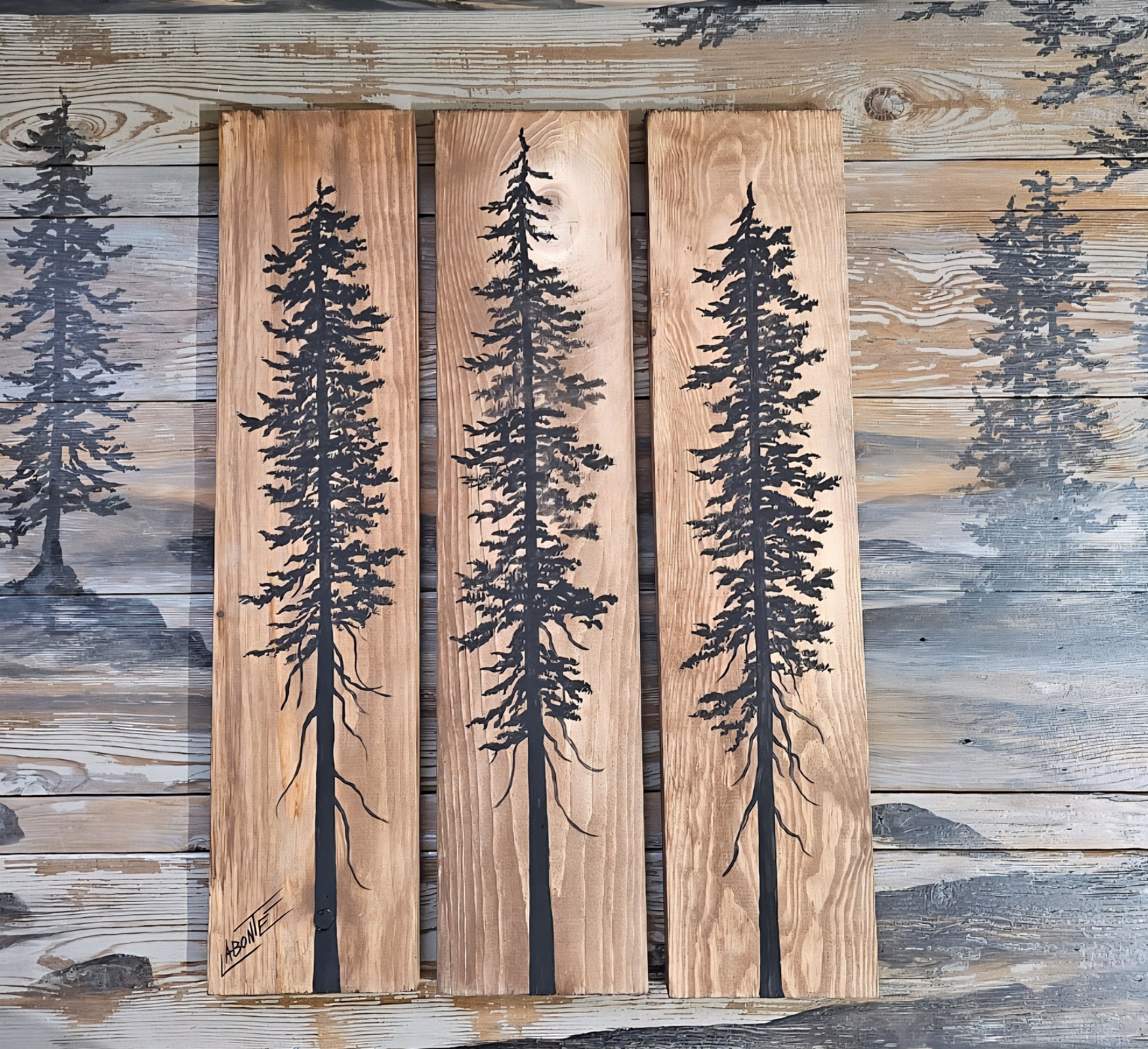 24" x 5.5" (set of 3) wall art on wood nature tree decor