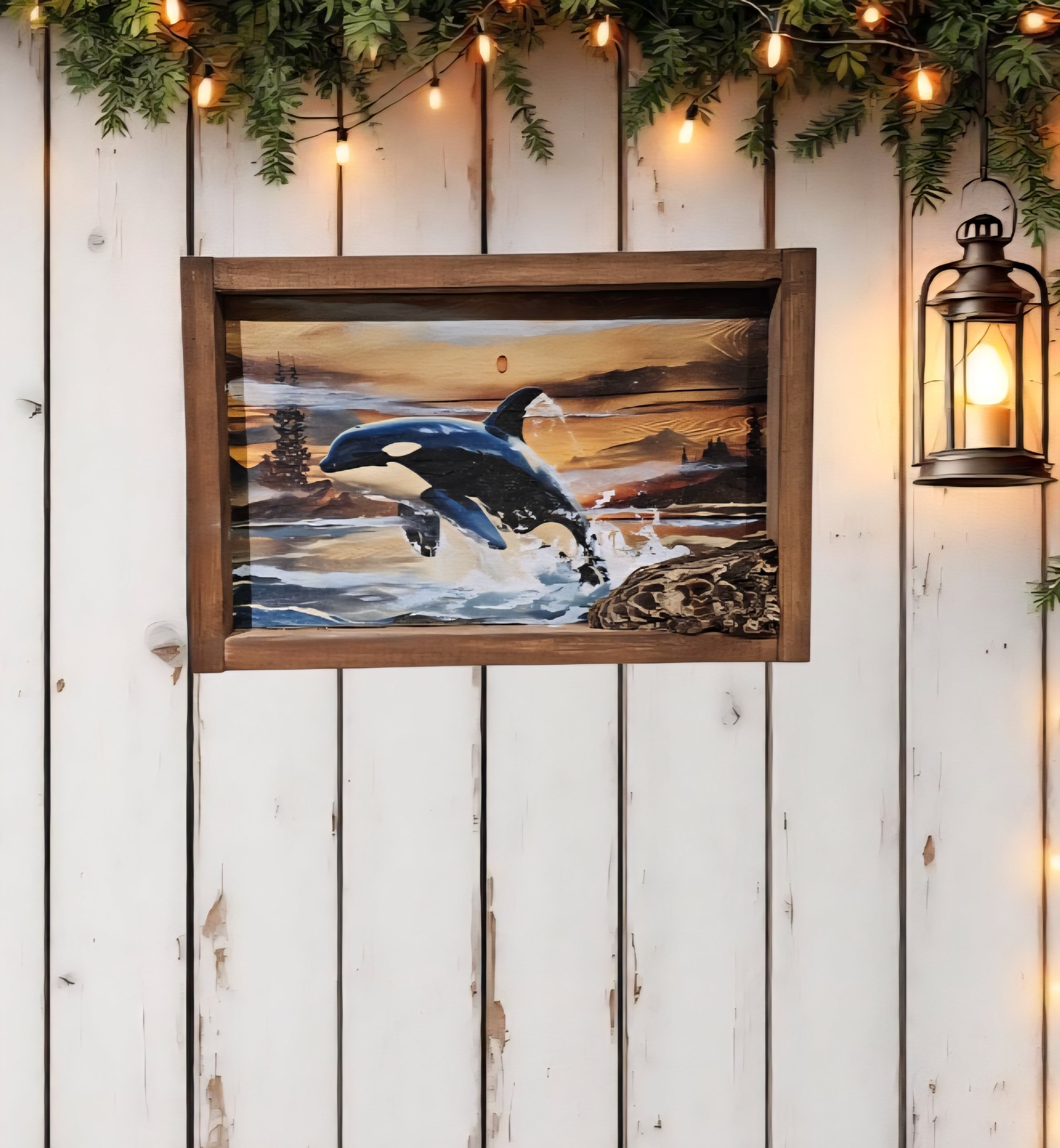 13.25" x 9" Framed orca whale wall art on wood nature tree decor-seascape