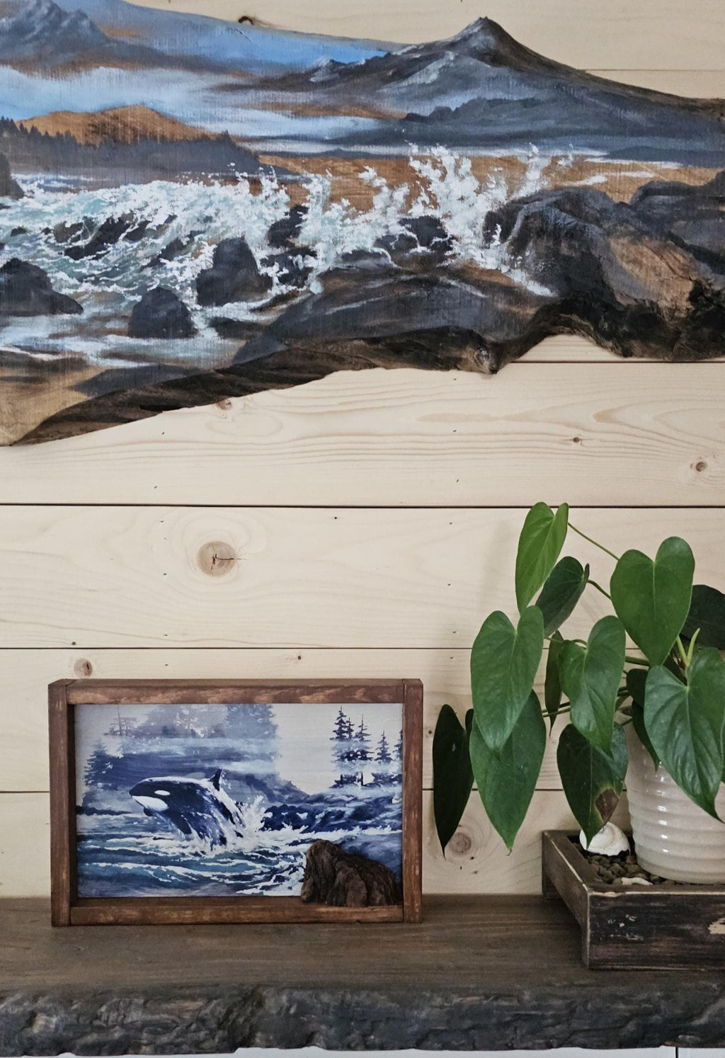 13.25" x 9" Framed orca whale wall art on wood nature tree decor-seascape
