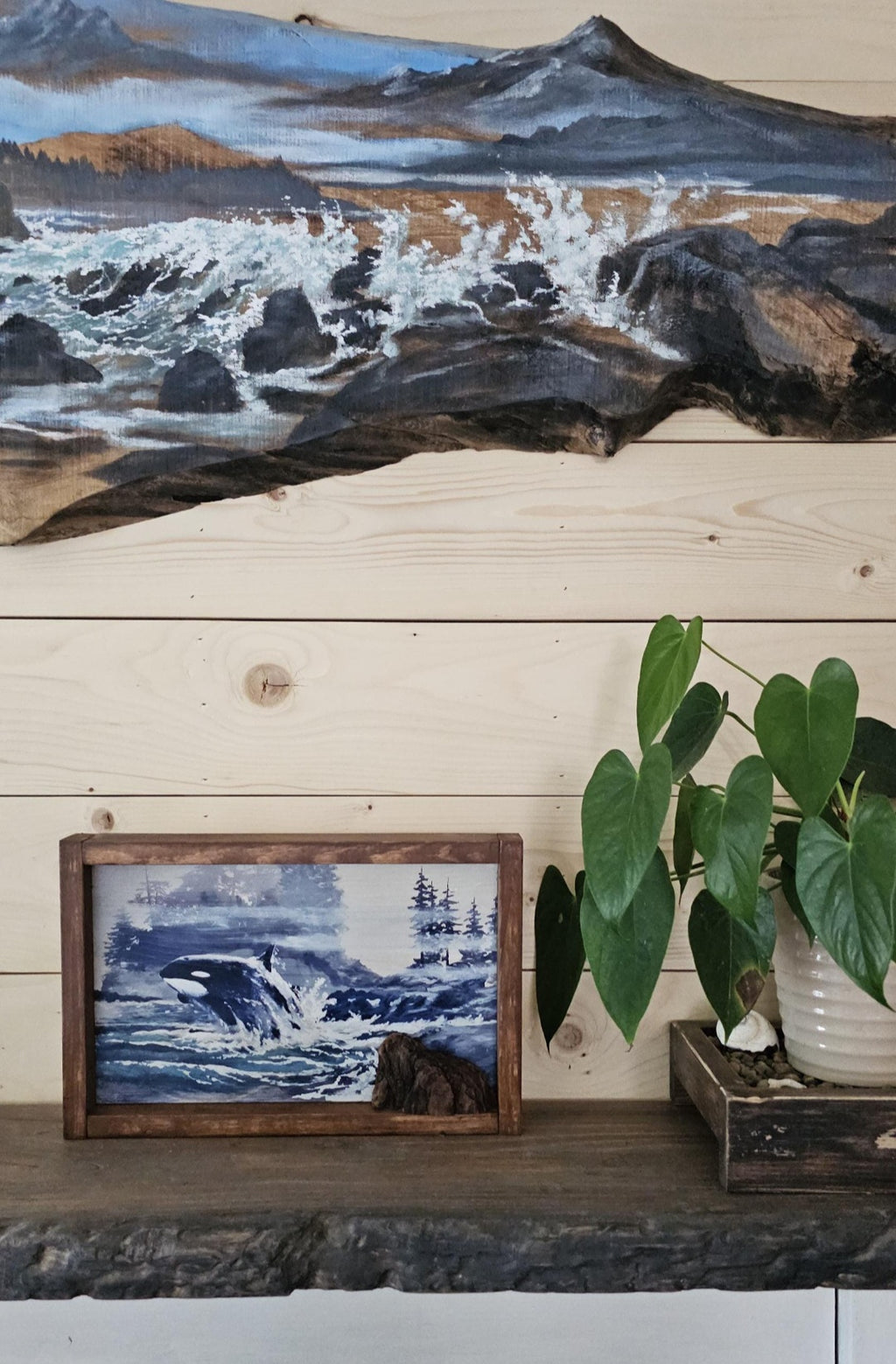 13.25" x 9" Framed orca whale wall art on wood nature tree decor-seascape