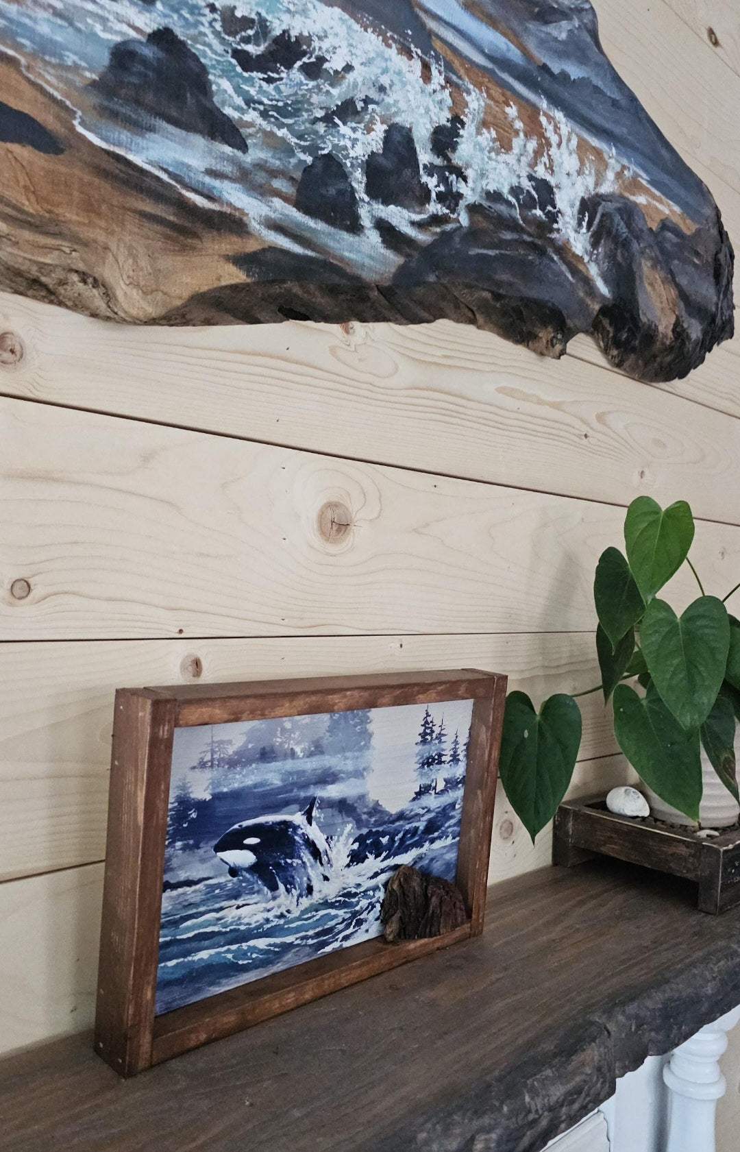 13.25" x 9" Framed orca whale wall art on wood nature tree decor-seascape
