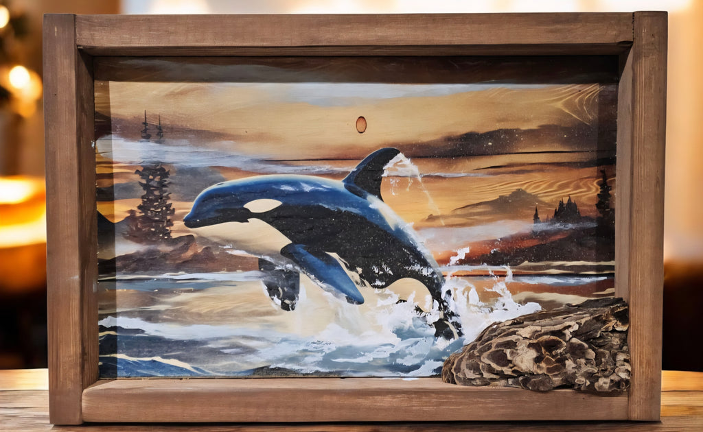13.25" x 9" Framed orca whale wall art on wood nature tree decor-seascape