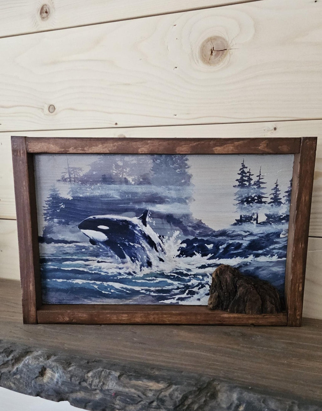 13.25" x 9" Framed orca whale wall art on wood nature tree decor-seascape
